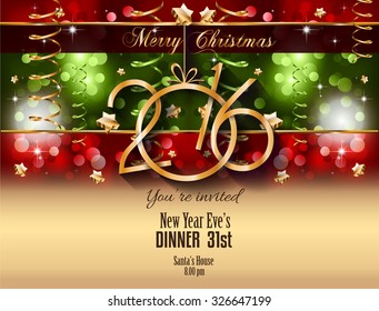 2016 Christmas and Happy New Year Party flyer. Complete layout with space for text for your dinner invitation, xmas parties or new year's eve party flyer.