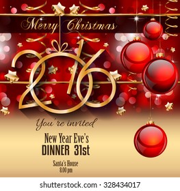 2016 Christmas and Happy New Year Party flyer. Complete layout with space for text for your dinner invitation, xmas parties or new year's eve party flyer.