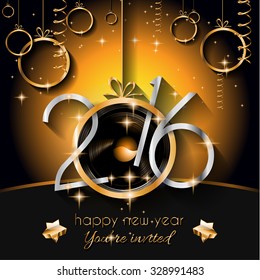 2016 Christmas and Happy New Year Party flyer. Complete layout with space for text for your dinner invitation, xmas parties or new year's eve party flyer.