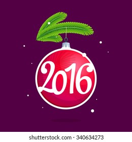 2016 with Christmas red ball and fir branches. Vector design template elements for your application or corporate identity.