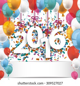 2016 with colored balloons and confetti on the white background. Eps 10 vector file.