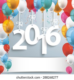 2016 with colored balloons on the gray background. Eps 10 vector file.