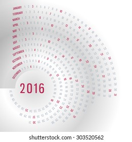 2016 concentric calendar in swirl shape on the light neutral background