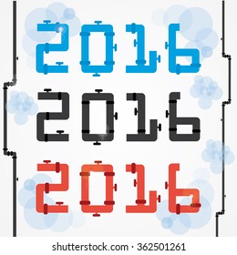 2016 concept with plumbing pipes.The concept of gas, water pipes. 2016 inscription of the pipes. White background with light blue circles.