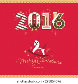 2016 congratulation vector christmas card with toy horse 