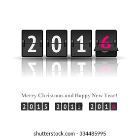 2016 countdown timer with flip isolated on white background. Analog scoreboard flip calendar change represents the new year 2016.