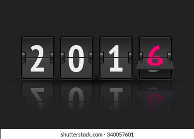 2016 countdown timer with flip isolated on dark background. Analog scoreboard calendar change represents the new year 2016 with greating text
