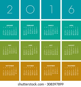 2016 Creative Colorful Calendar in multiple colors