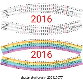 2016 Creative Rainbow Calendar Planner Organizer. Black-white and colored version. Vector