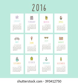 2016 cute calendar. Printable. 10cm x15cm