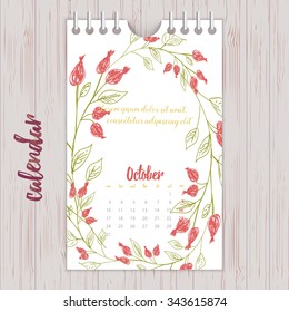 2016 Cute romantic Calendar with vintage flowers. Vector illustration. October