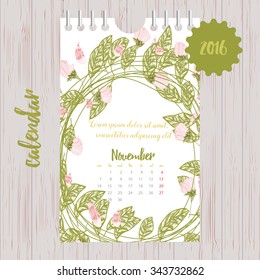 2016 Cute romantic Calendar with vintage flowers. Vector illustration. 