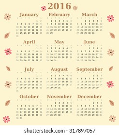 2016 cute vector pastel calendar with lovely flowers