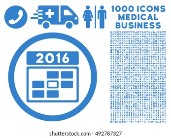 2016 Date icon with 1000 medical commerce cobalt vector design elements. Clipart style is flat symbols, white background.