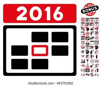 2016 Date icon with bonus calendar and time management pictograph collection. Vector illustration style is flat iconic bicolor symbols, intensive red and black colors, white background.