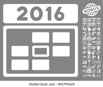2016 Date icon with bonus calendar and time management graphic icons. Vector illustration style is flat iconic symbols, white color, gray background.