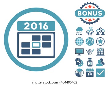 2016 Date icon with bonus design elements. Vector illustration style is flat iconic bicolor symbols, cyan and blue colors, white background.