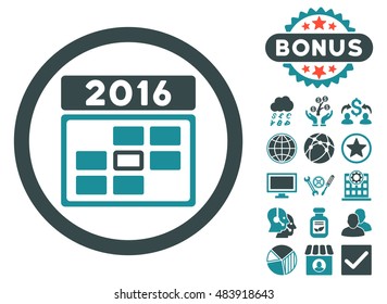 2016 Date icon with bonus pictogram. Vector illustration style is flat iconic bicolor symbols, soft blue colors, white background.