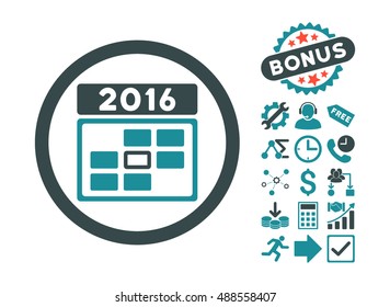 2016 Date icon with bonus pictures. Vector illustration style is flat iconic bicolor symbols, soft blue colors, white background.