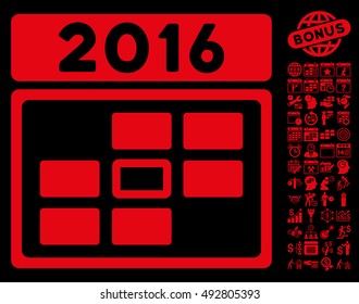 2016 Date pictograph with bonus calendar and time management images. Vector illustration style is flat iconic symbols, red color, black background.