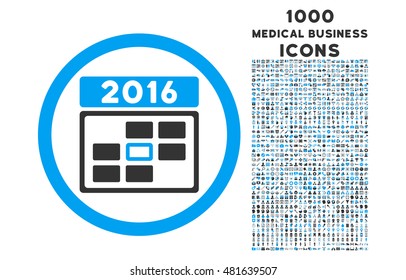 2016 Date rounded vector bicolor icon with 1000 medical business icons. Set style is flat pictograms, blue and gray colors, white background.
