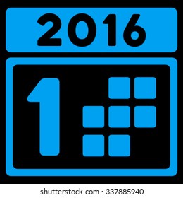 2016 Date vector icon. Style is flat symbol, blue color, rounded angles, black background.