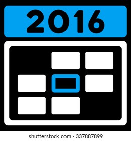 2016 Date vector icon. Style is bicolor flat symbol, blue and white colors, rounded angles, black background.