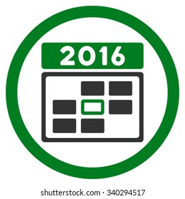 2016 Date vector icon. Style is bicolor flat circled symbol, green and gray colors, rounded angles, white background.