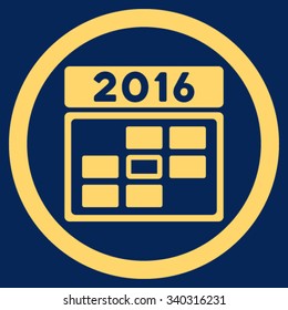 2016 Date vector icon. Style is flat circled symbol, yellow color, rounded angles, blue background.