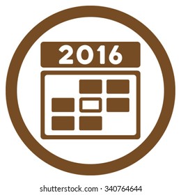 2016 Date vector icon. Style is flat circled symbol, brown color, rounded angles, white background.