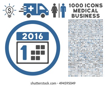 2016 Day icon with 1000 medical commercial cobalt and gray vector pictographs. Set style is flat bicolor symbols, white background.