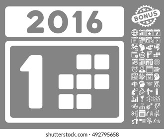 2016 Day icon with bonus calendar and time management graphic icons. Vector illustration style is flat iconic symbols, white color, gray background.