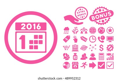 2016 Day icon with bonus clip art. Vector illustration style is flat iconic symbols, pink color, white background.