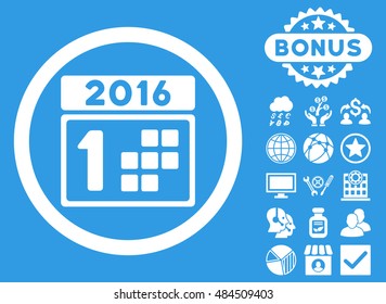 2016 Day icon with bonus elements. Vector illustration style is flat iconic symbols, white color, blue background.