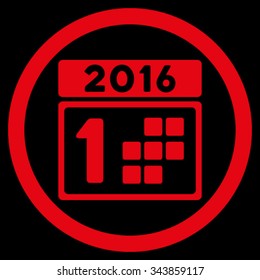 2016 Day vector icon. Style is flat circled symbol, red color, rounded angles, black background.