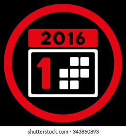 2016 Day vector icon. Style is bicolor flat circled symbol, red and white colors, rounded angles, black background.
