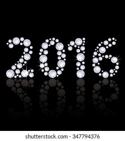2016 Diamonds numbers with reflection. Happy New Year. Vector greeting card.