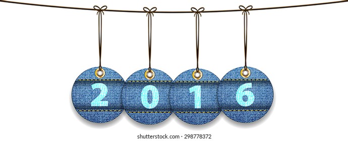 2016 digits on labels made of jeans. Tags like Christmas balls. Vector illustration