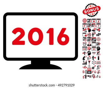 2016 Display icon with bonus calendar and time management icon set. Vector illustration style is flat iconic bicolor symbols, intensive red and black colors, white background.