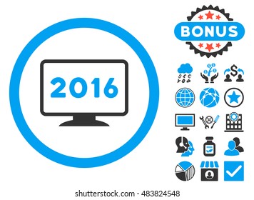 2016 Display icon with bonus design elements. Vector illustration style is flat iconic bicolor symbols, blue and gray colors, white background.