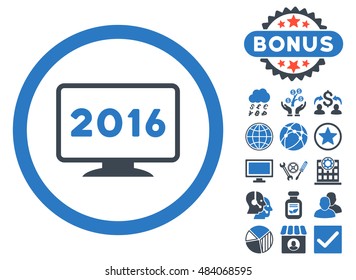 2016 Display icon with bonus pictogram. Vector illustration style is flat iconic bicolor symbols, smooth blue colors, white background.