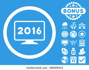 2016 Display icon with bonus pictures. Vector illustration style is flat iconic symbols, white color, blue background.