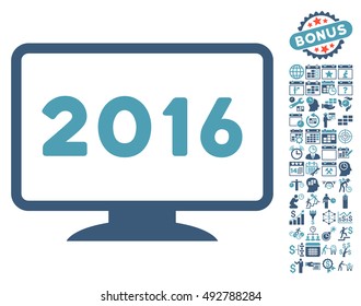 2016 Display pictograph with bonus calendar and time management pictures. Vector illustration style is flat iconic bicolor symbols, cyan and blue colors, white background.