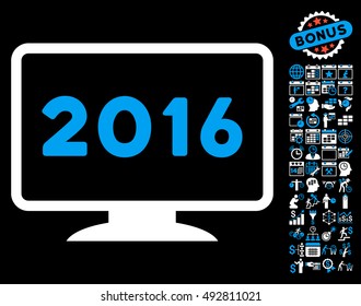 2016 Display pictograph with bonus calendar and time management images. Vector illustration style is flat iconic bicolor symbols, blue and white colors, black background.