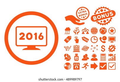 2016 Display pictograph with bonus elements. Vector illustration style is flat iconic symbols, orange color, white background.