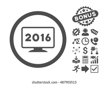 2016 Display pictograph with bonus images. Vector illustration style is flat iconic symbols, gray color, white background.