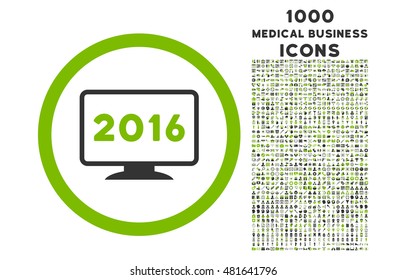 2016 Display rounded vector bicolor icon with 1000 medical business icons. Set style is flat pictograms, eco green and gray colors, white background.