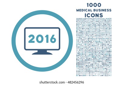 2016 Display rounded vector bicolor icon with 1000 medical business icons. Set style is flat pictograms, cyan and blue colors, white background.