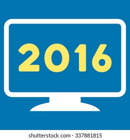 2016 Display vector icon. Style is bicolor flat symbol, yellow and white colors, rounded angles, blue background.