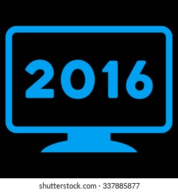 2016 Display vector icon. Style is flat symbol, blue color, rounded angles, black background.